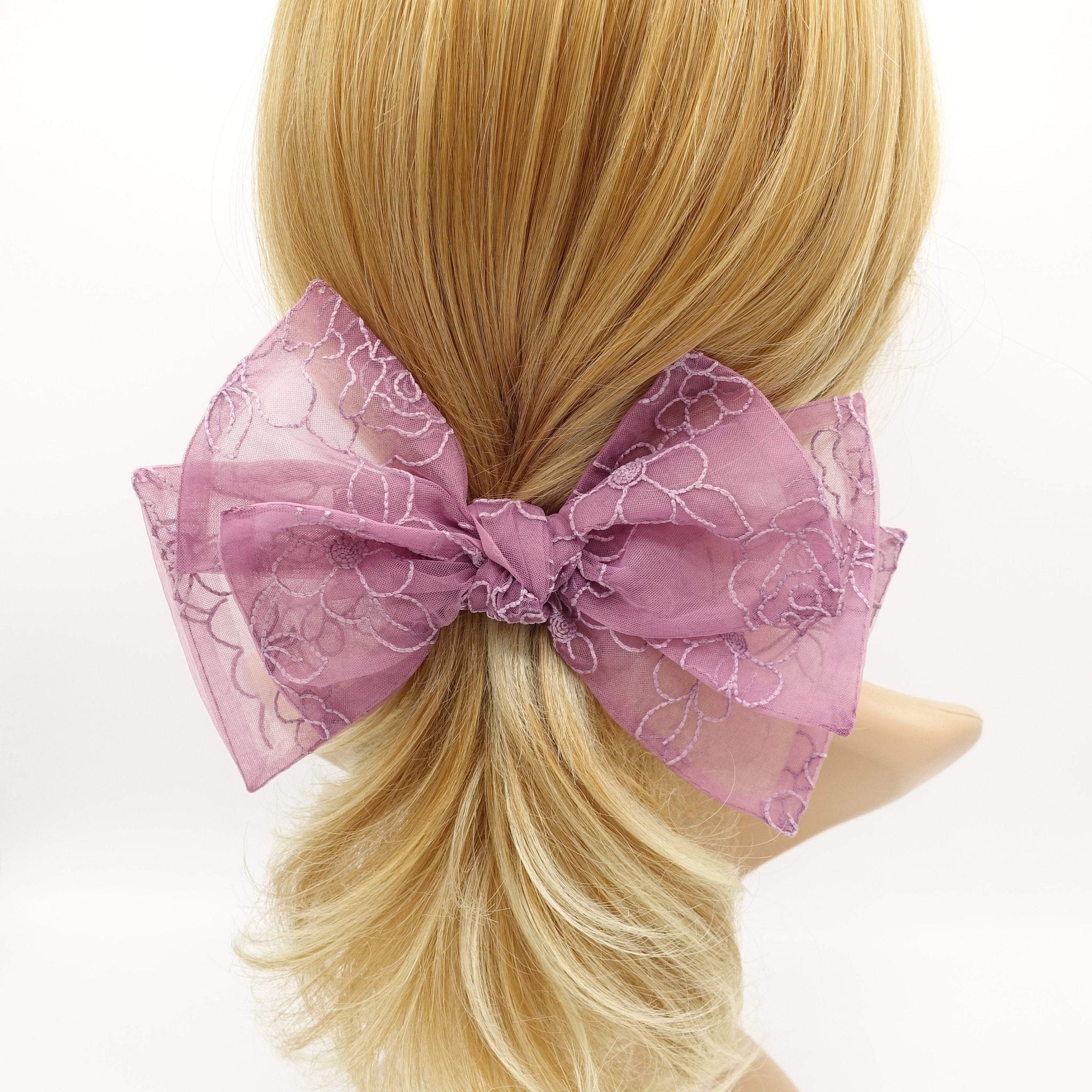 VeryShine claw/banana/barrette Mauve flower embroidered organza layered hair bow