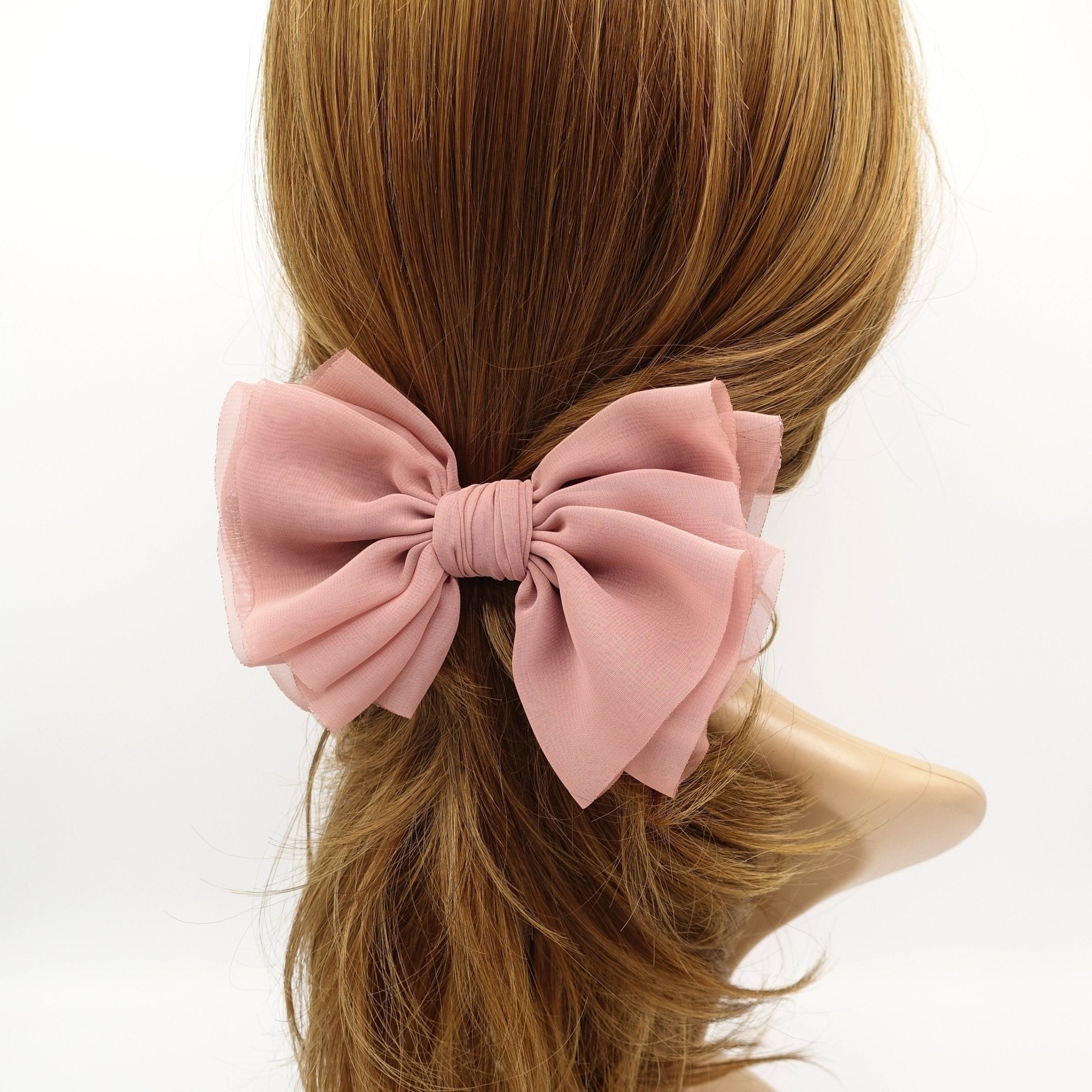 VeryShine claw/banana/barrette Mauve pink chiffon pleated hair bow multi-layered Spring Summer basic hair bow for women