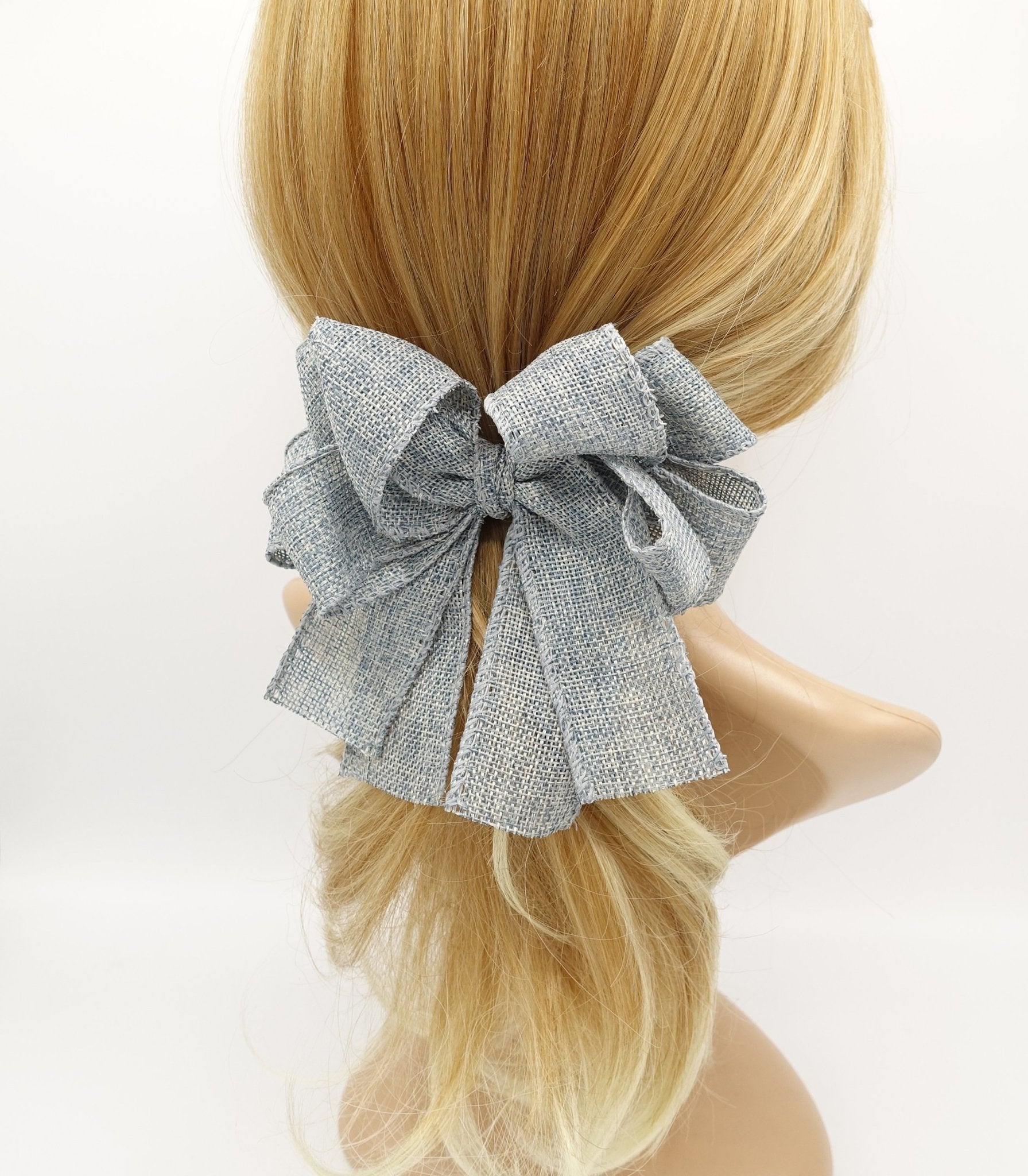 VeryShine claw/banana/barrette Melange blue linen hair bow Spring Summer twin hair bow accessory for women