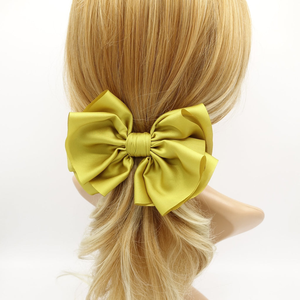 VeryShine claw/banana/barrette Mustard satin pleated hair bow multi-layered Spring Summer basic hair bow for women