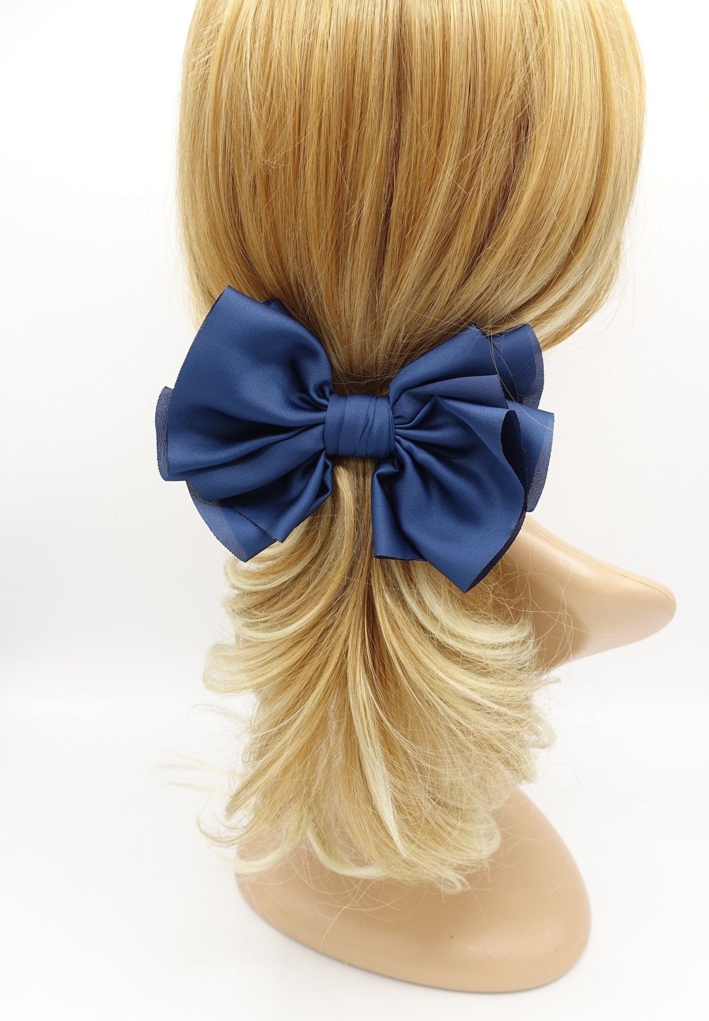 VeryShine claw/banana/barrette Navy satin pleated hair bow multi-layered Spring Summer basic hair bow for women