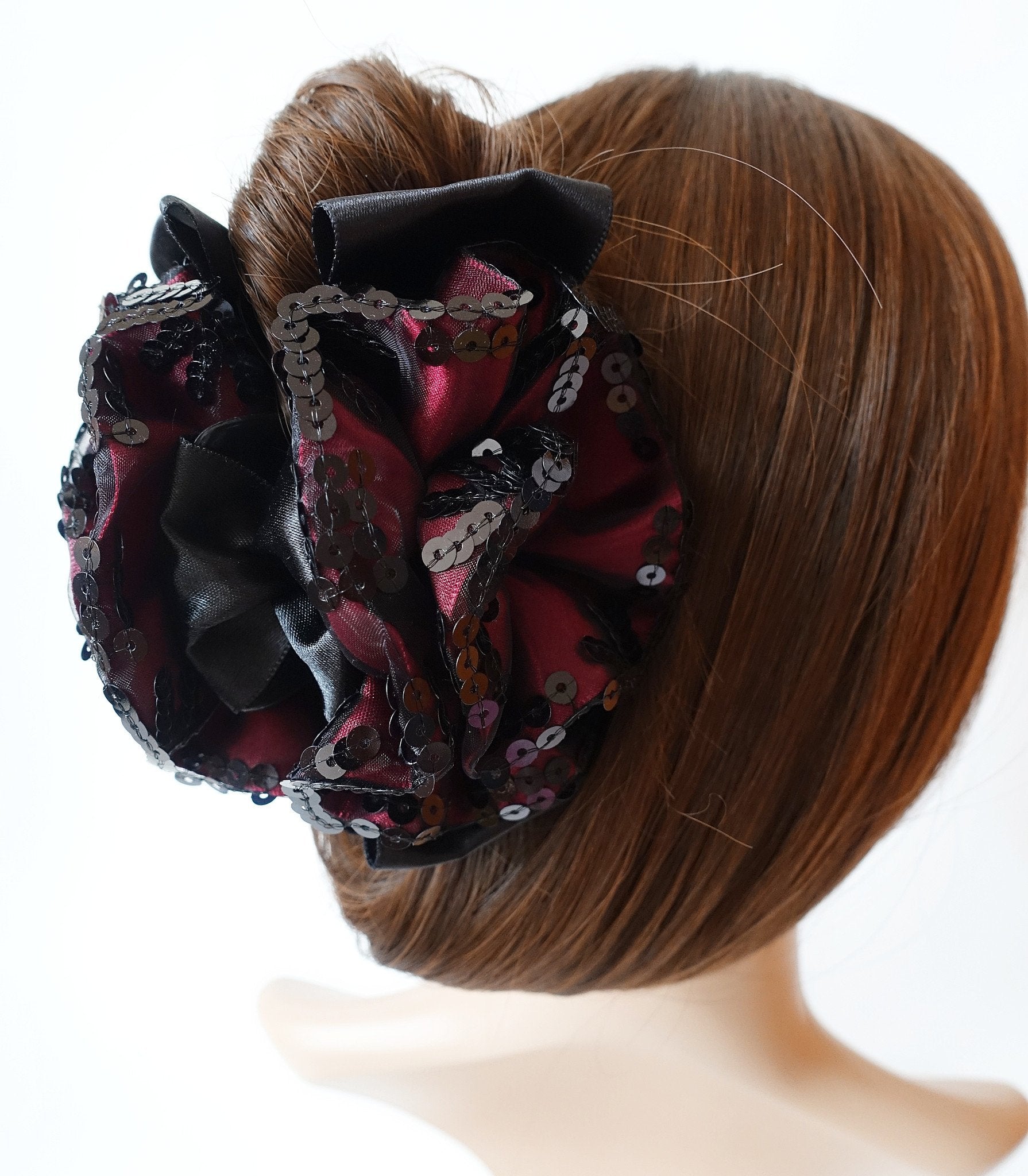 Handmade Premium Satin Fabric Flower Bow Sequin Spangle Hair Jaw Clip.
