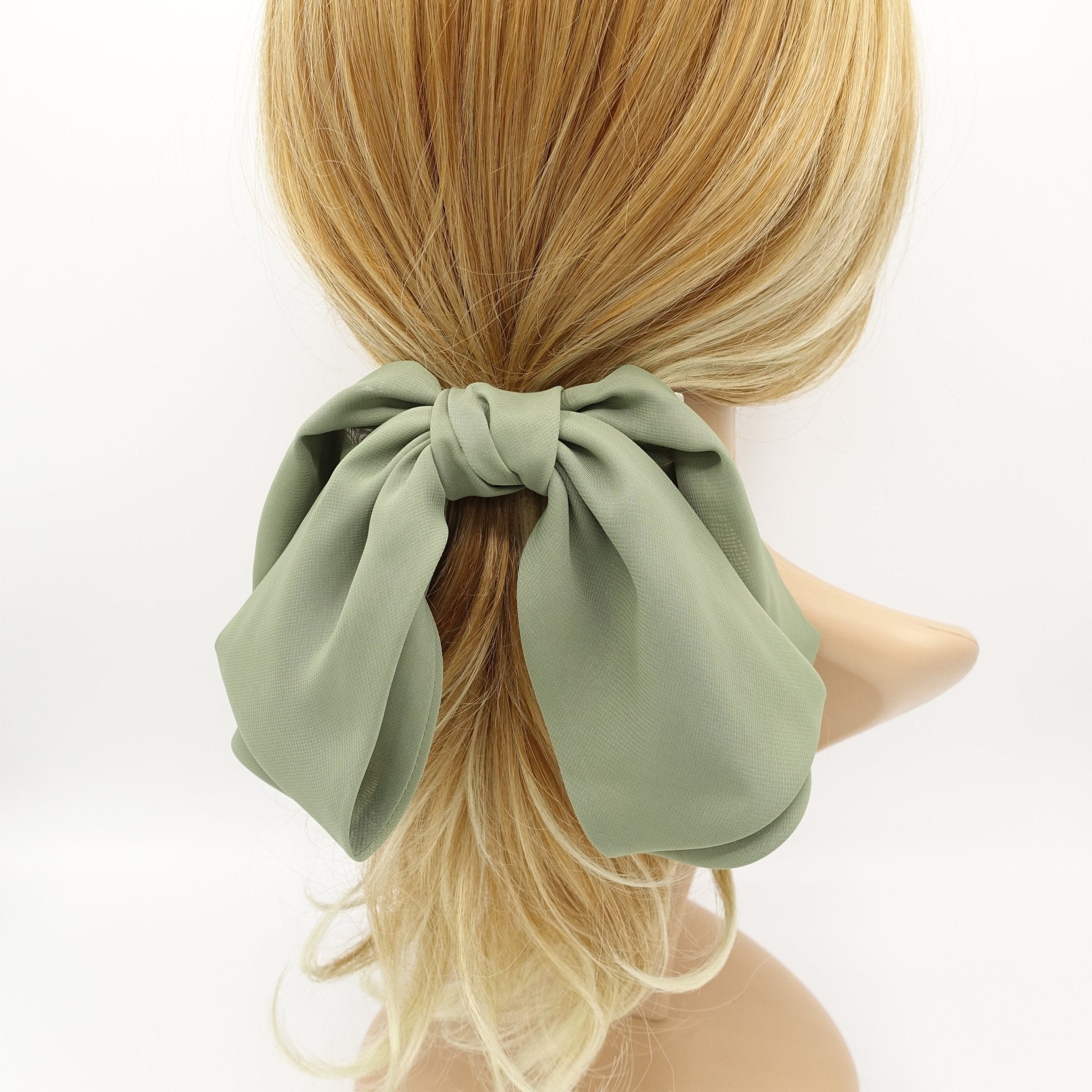 VeryShine claw/banana/barrette Sage green droopy chiffon hair bow double layered Spring Summer hair accessory for women