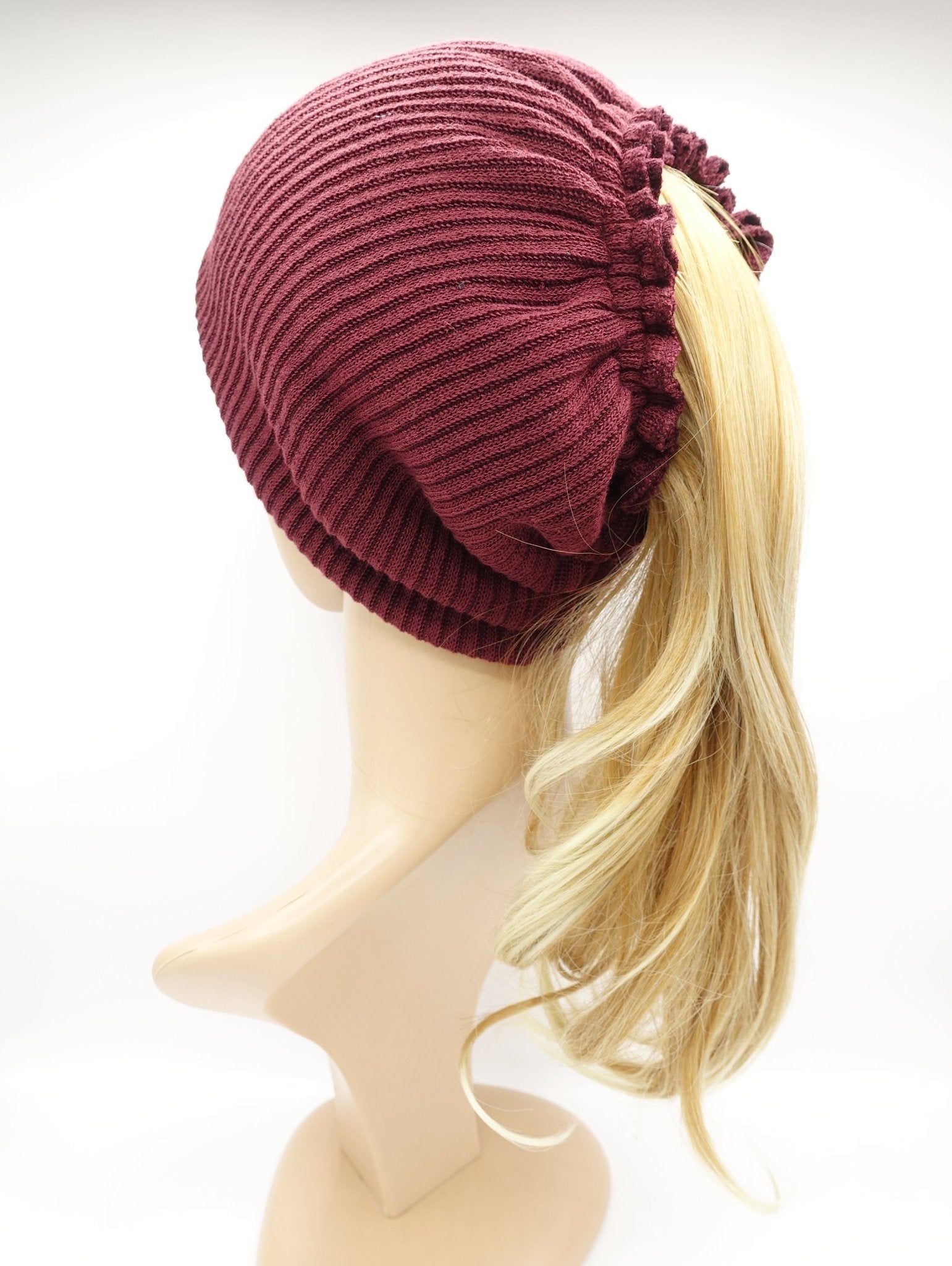 veryshine.com Accessories Black corrugated knit messy bun ponytail  hole beanie pleated style women hat