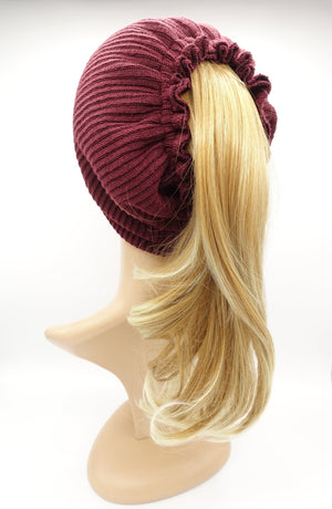 veryshine.com Accessories corrugated knit messy bun ponytail  hole beanie pleated style women hat