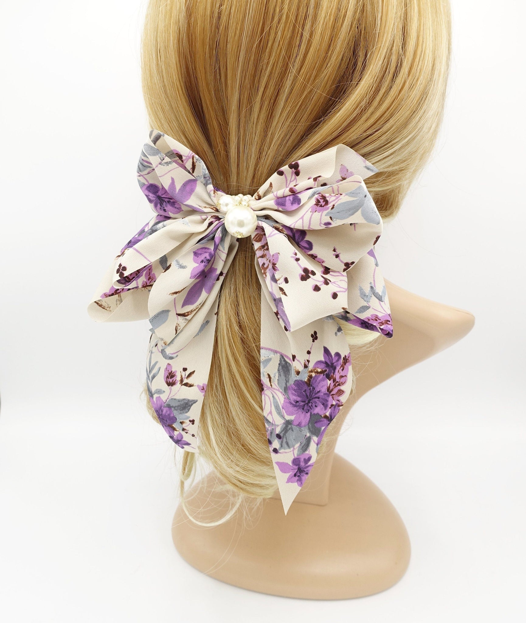 veryshine.com Barrette (Bow) Beige floral plant bow long tail layered pleat women hair accessory