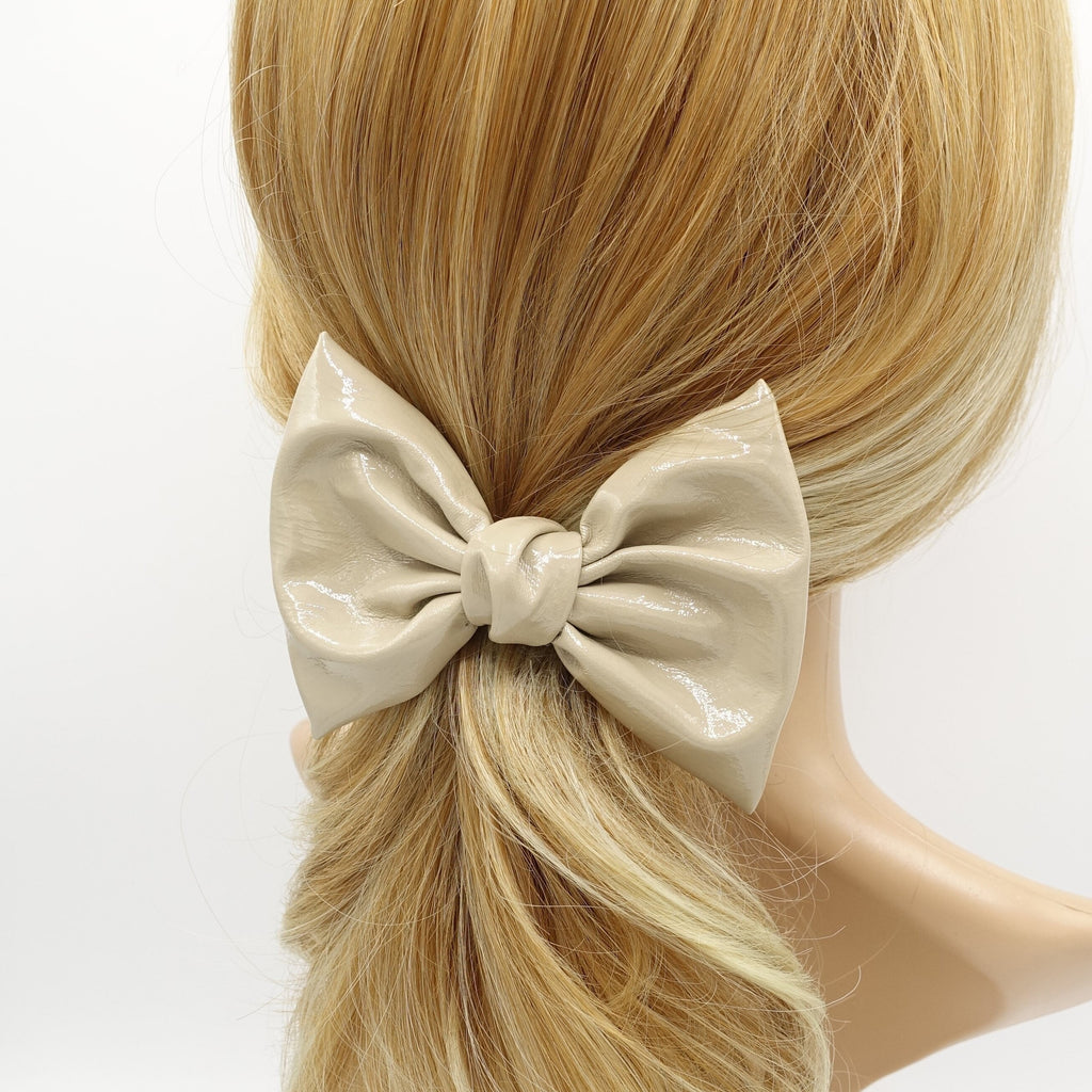 veryshine.com Barrette (Bow) Beige glossy patent leather hair bow barrette casual hair accessory for women