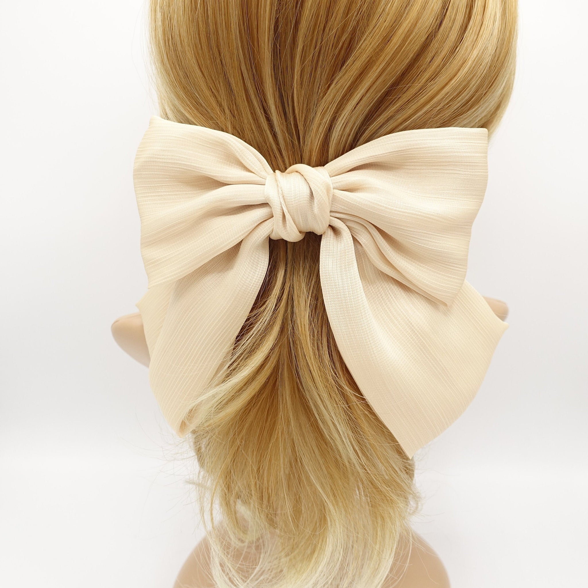 veryshine.com Barrette (Bow) Beige pearl glossy crinkled satin bow french hair barrette women hair accessory