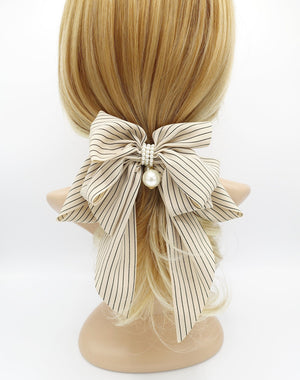 veryshine.com Barrette (Bow) Beige solid classic stripe hair bow long tail french barrette women hair accessory