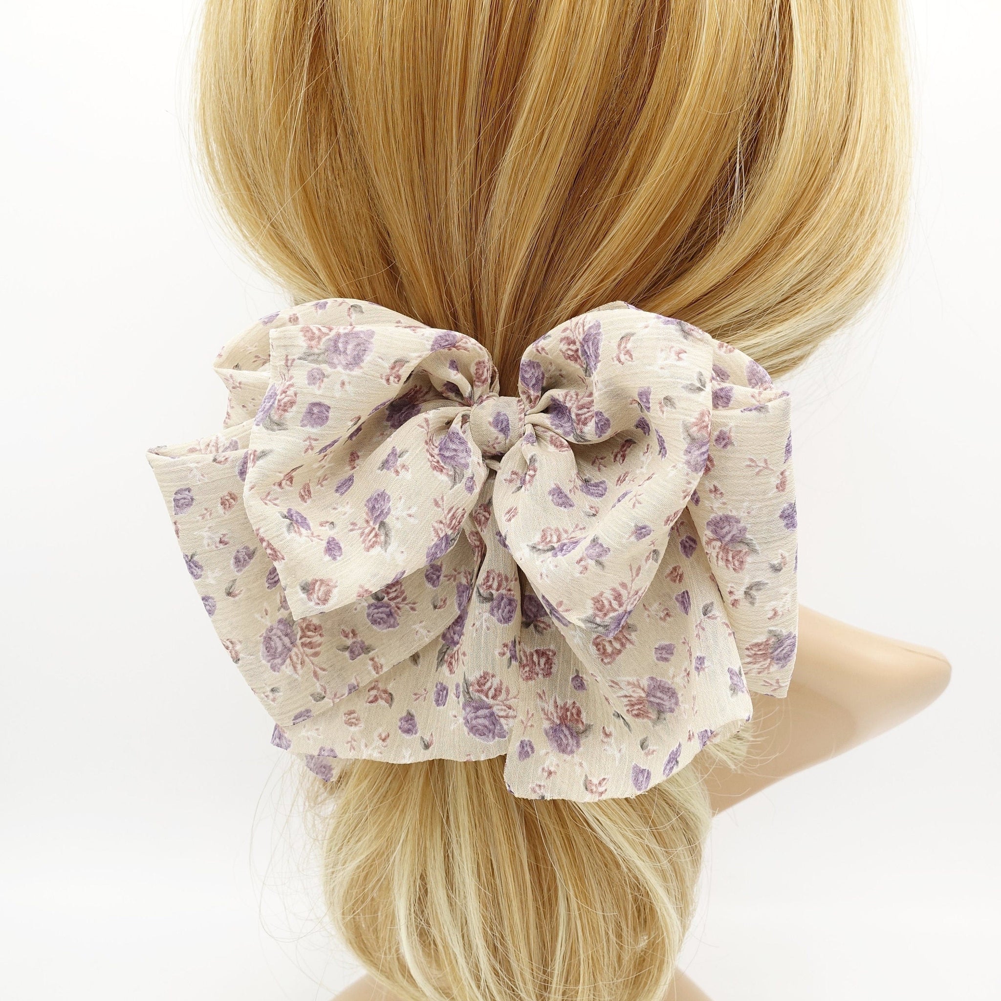 veryshine.com Barrette (Bow) Beige tiny flower print hair bow floral layered tail women hair accessory