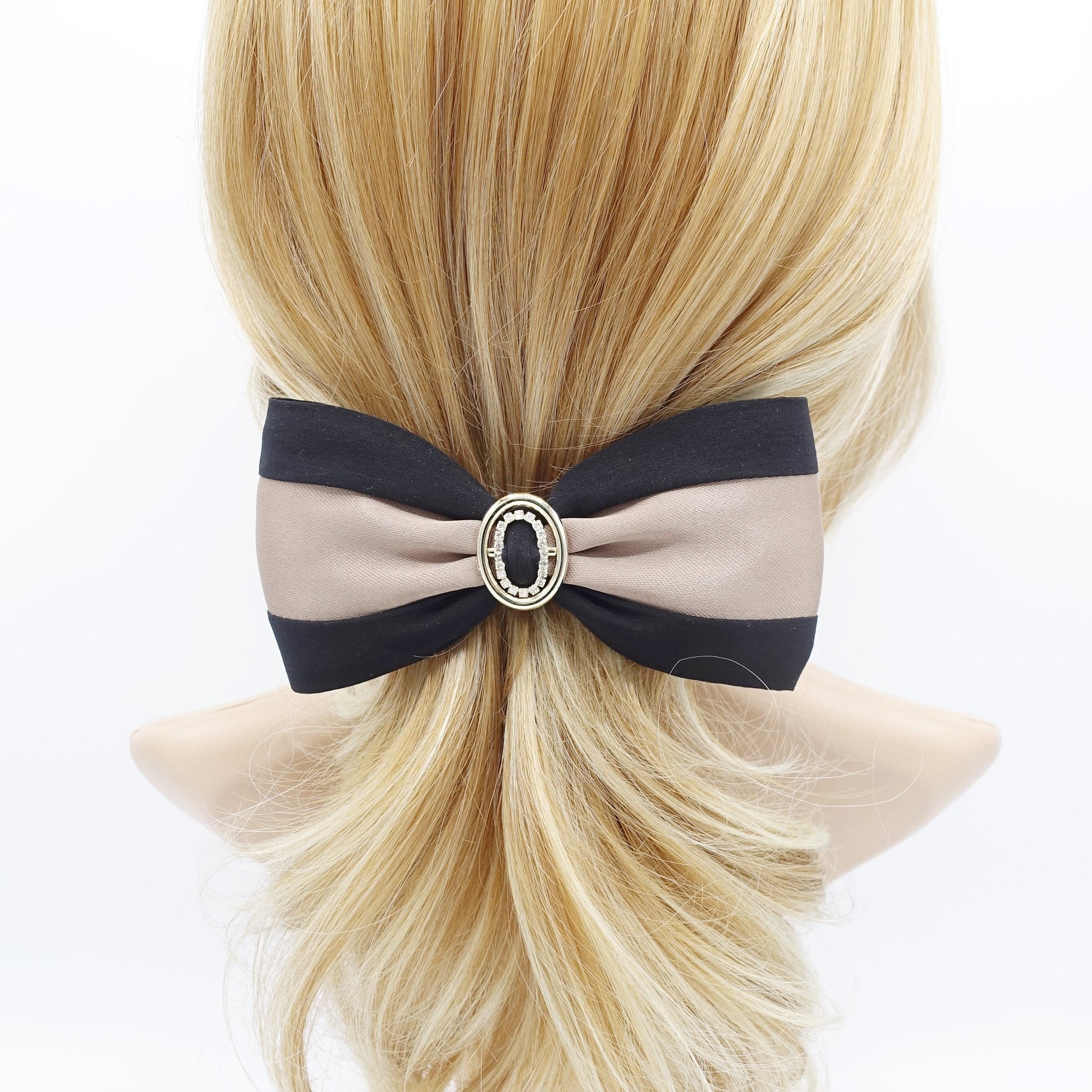 veryshine.com Barrette (Bow) Beige two tone satin hair bow rhinestone gold buckle embellished bow barrette
