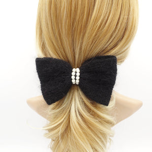 veryshine.com Barrette (Bow) Black angora hair bow pearl embellished Fall Winter women hair barrette