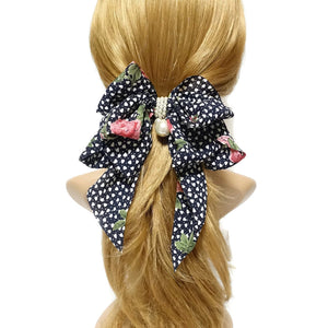 veryshine.com Barrette (Bow) Black Chiffon Dot flower print long tail hair bow french hair barrette