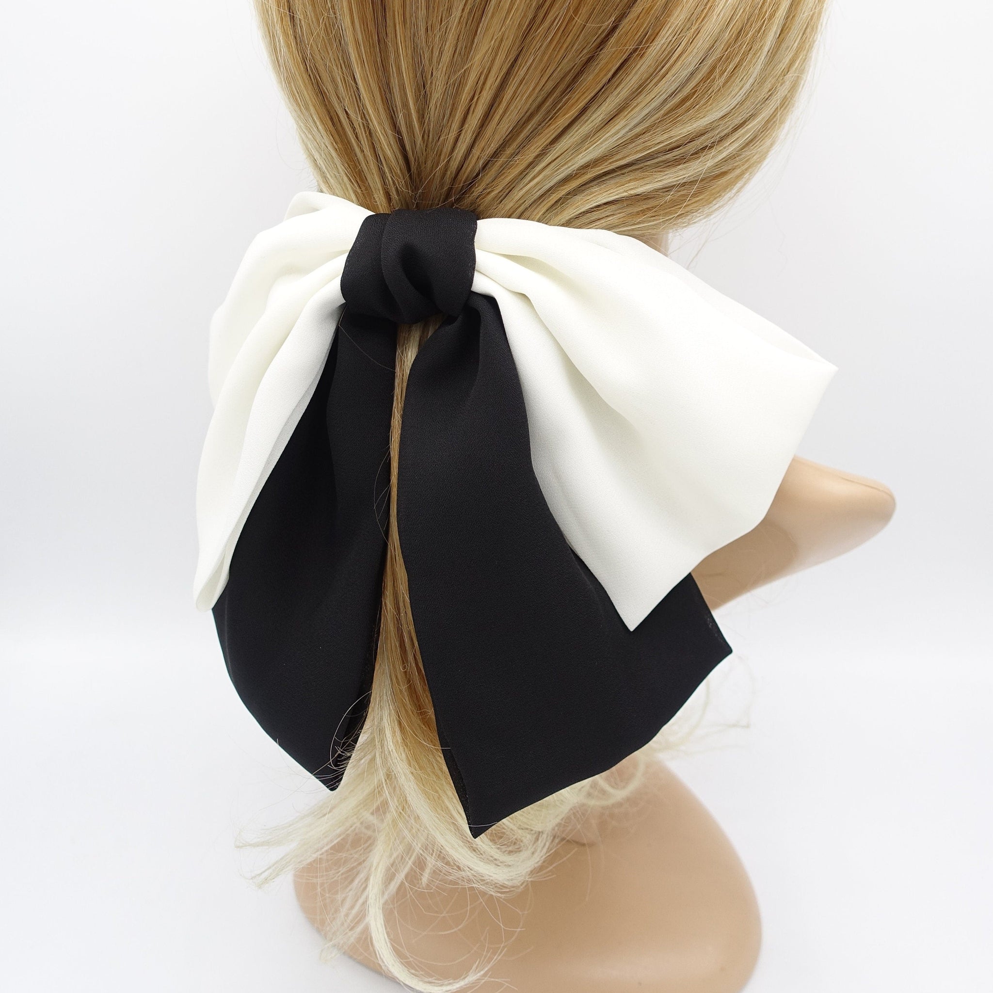veryshine.com Barrette (Bow) Black & Cream white big hair bow, drape hair bow, chiffon hair bow for women