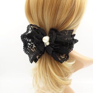 veryshine.com Barrette (Bow) Black Floral lace layered bow french hair barrette elegant women hair accessory