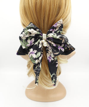 veryshine.com Barrette (Bow) Black floral plant bow long tail layered pleat women hair accessory