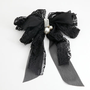 veryshine.com Barrette (Bow) Black Lace Chiffon Long Tail Bow Pearl Ornamented Romantic French Hair Barrette