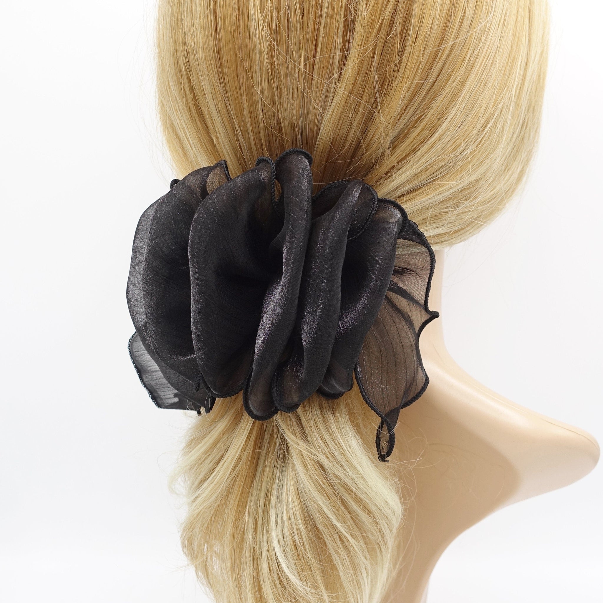 veryshine.com Barrette (Bow) Black organza ruffle flower hair barrette woman hair accessory
