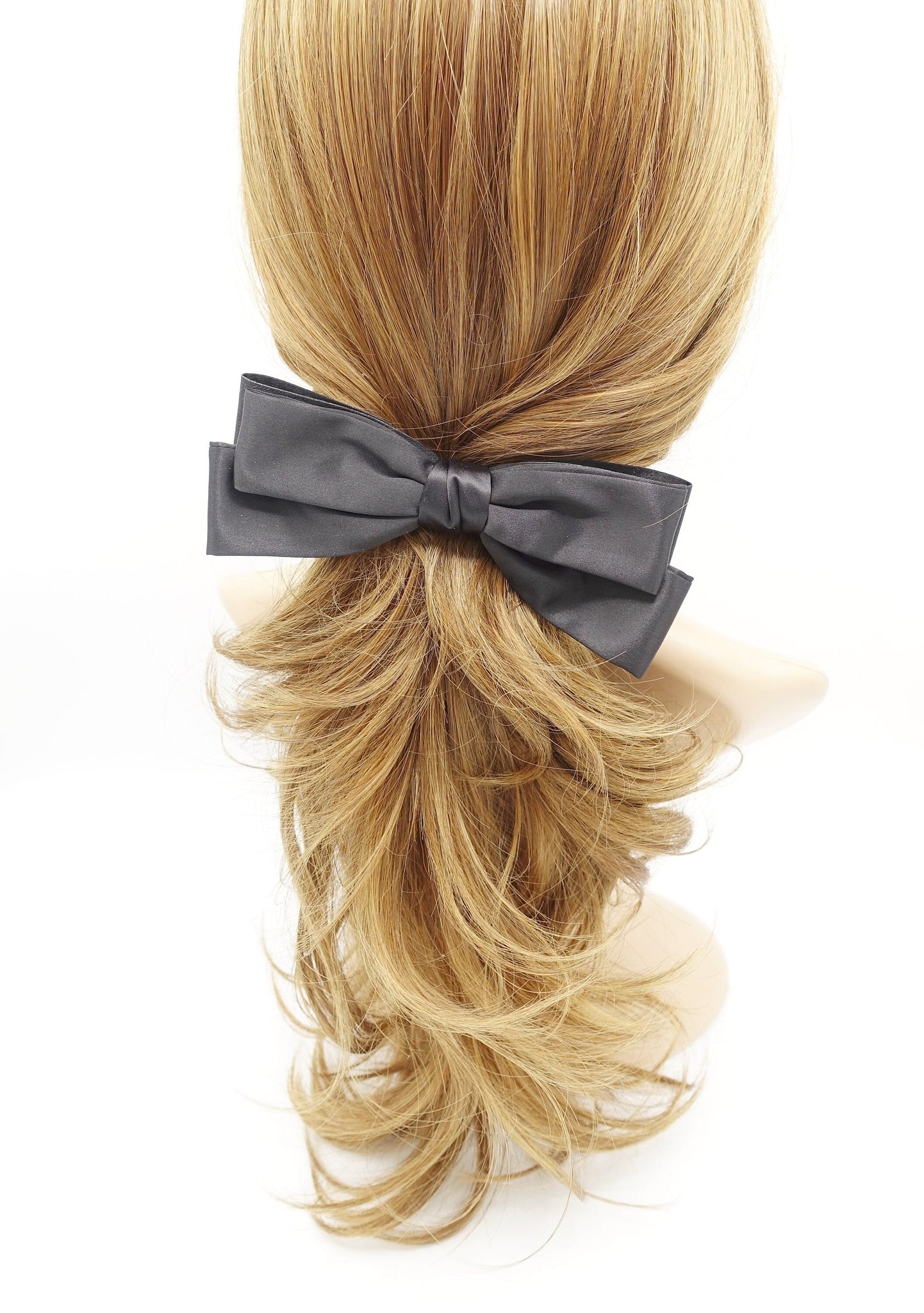 veryshine.com Barrette (Bow) Black satin double layered hair bow  triple wing narrow glossy style hair accessory for women