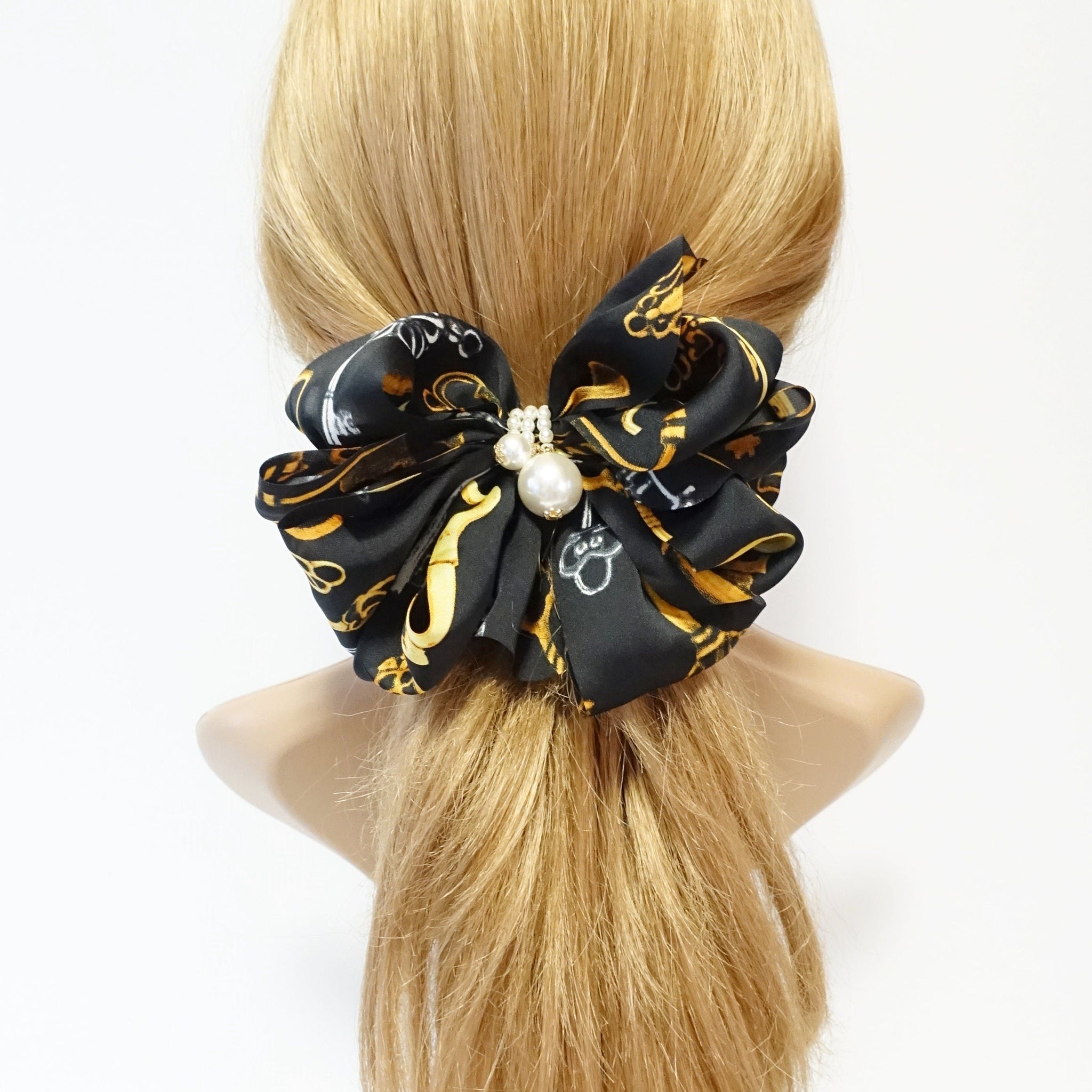 veryshine.com Barrette (Bow) Black Satin Multi Drape Wing Key Baroque Print Scarf Bow French Hair Barrette