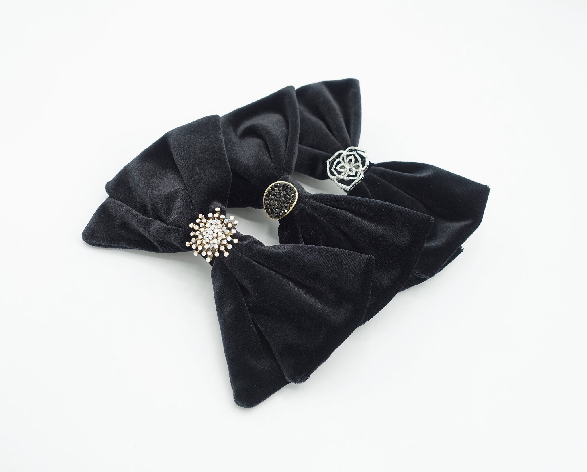 veryshine.com Barrette (Bow) black velvet hair bow rhinestone casting embellished bling hair accessory for women