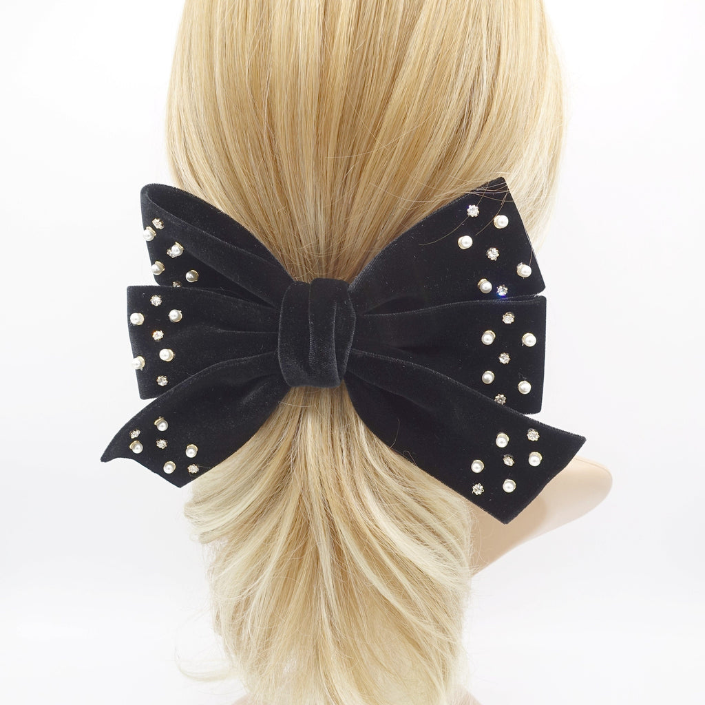 Black velvet hair bow with rhinestone grapes on front HANDMADE Black Velvet Hair Bow.glitter Black Hair Bow. Black  main image 4