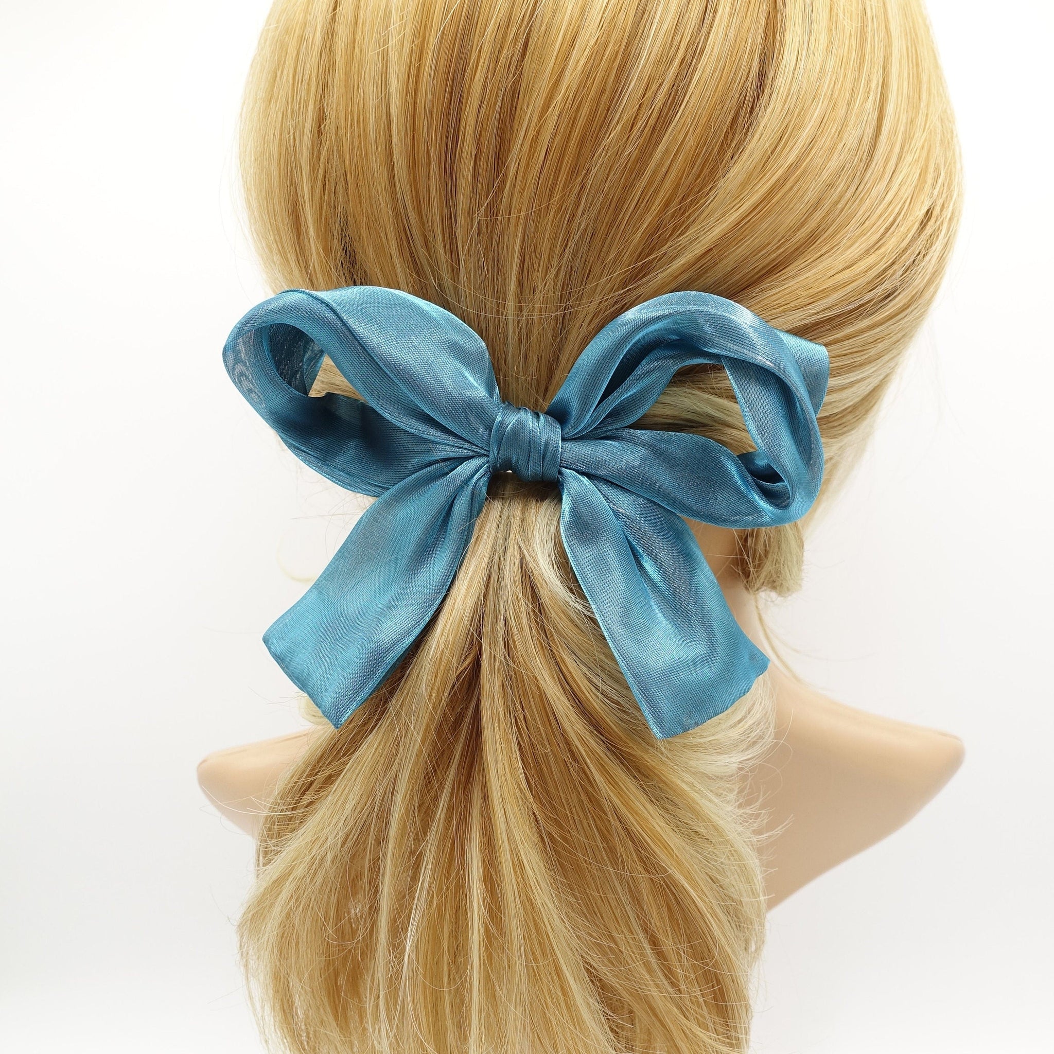 veryshine.com Barrette (Bow) Blue green organza wired hair bow colorful translucent fabric tail knotted bow french barrette women hair accessory