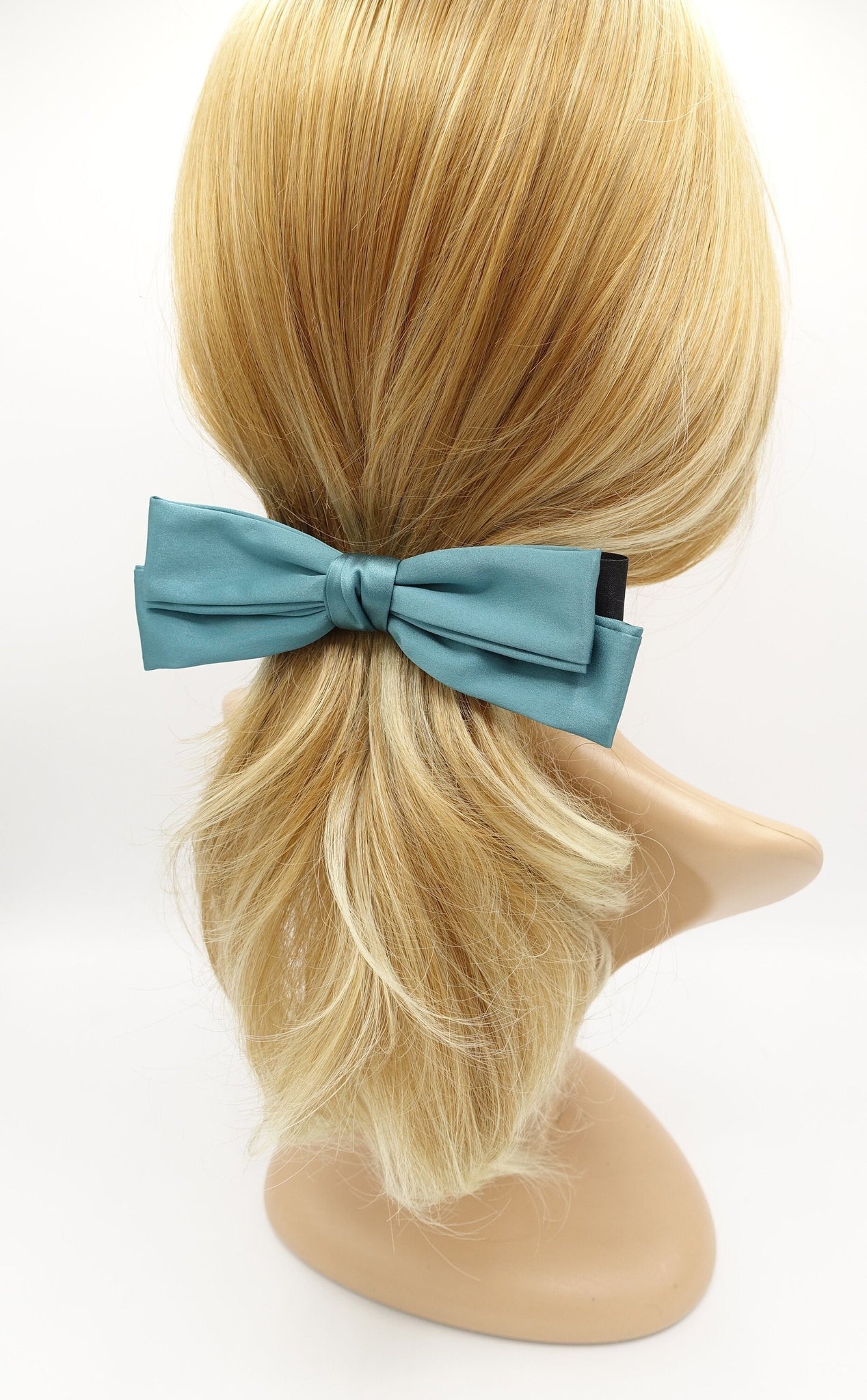 veryshine.com Barrette (Bow) Blue green satin double layered hair bow  triple wing narrow glossy style hair accessory for women