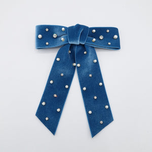 veryshine.com Barrette (Bow) Blue velvet hair bow, pearl hair bow, rhinestone hair bow, embellished hair bow for women