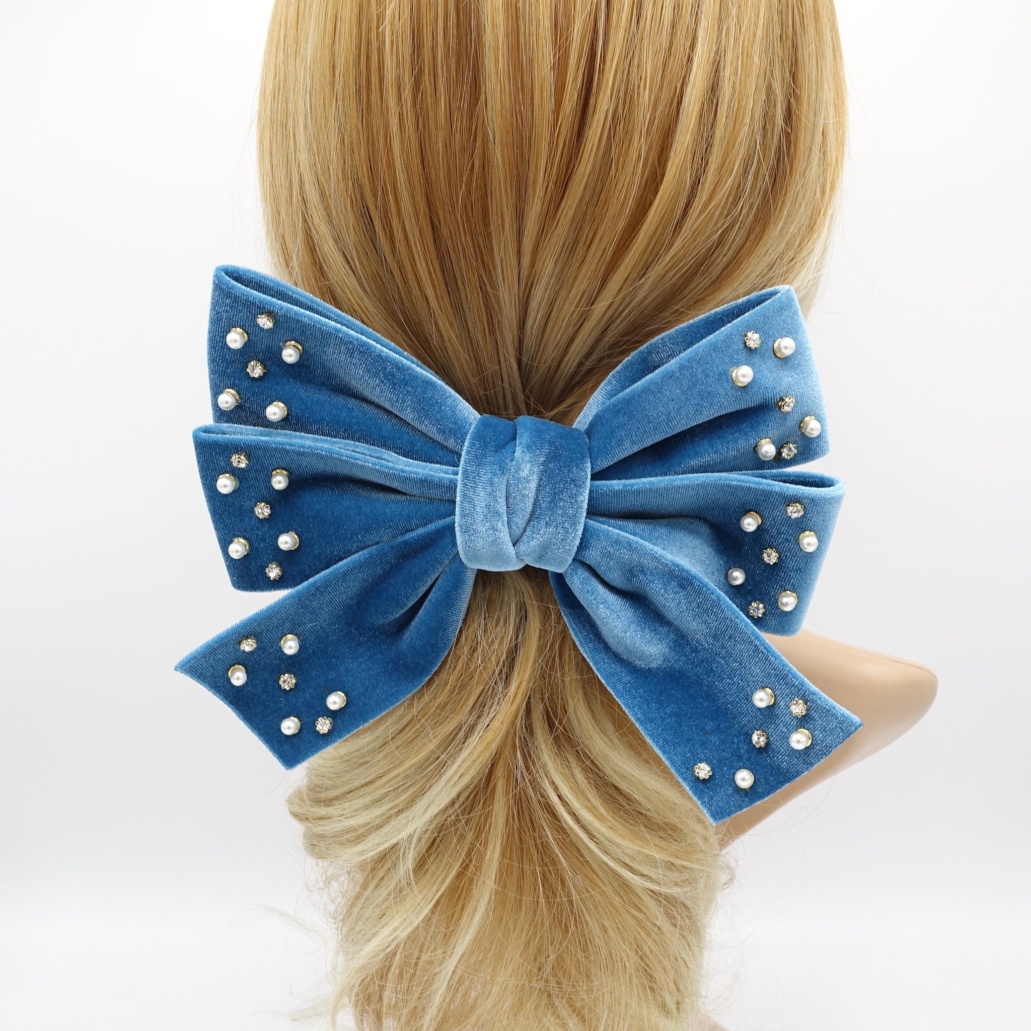 veryshine.com Barrette (Bow) Blue velvet hair bow, triple rhinestone hair bow, pearl velvet bow, luxury hair bows for women