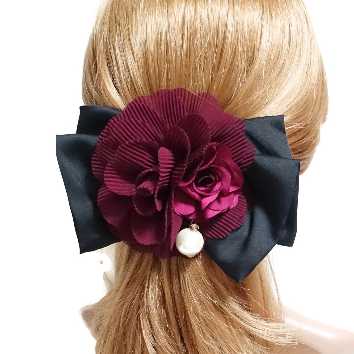 veryshine.com Barrette (Bow) Burgundy Pleat flower french barrette  black bow french hair barrette elegant woman hair accessories