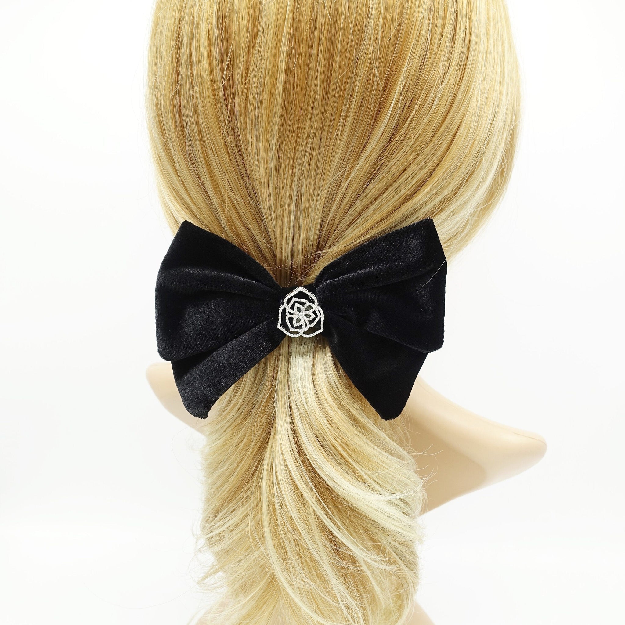 veryshine.com Barrette (Bow) Camelia black velvet hair bow rhinestone casting embellished bling hair accessory for women