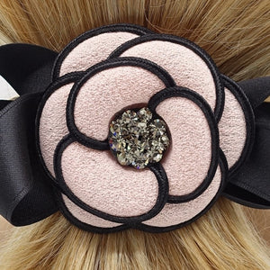 camellia  hair bow rhinestone embellished flower french barrette