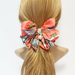 veryshine.com Barrette (Bow) Coral Satin Multi Drape Wing Key Baroque Print Scarf Bow French Hair Barrette