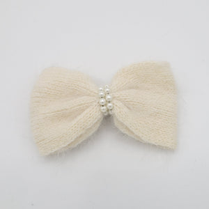 veryshine.com Barrette (Bow) Cream angora hair bow pearl embellished Fall Winter women hair barrette