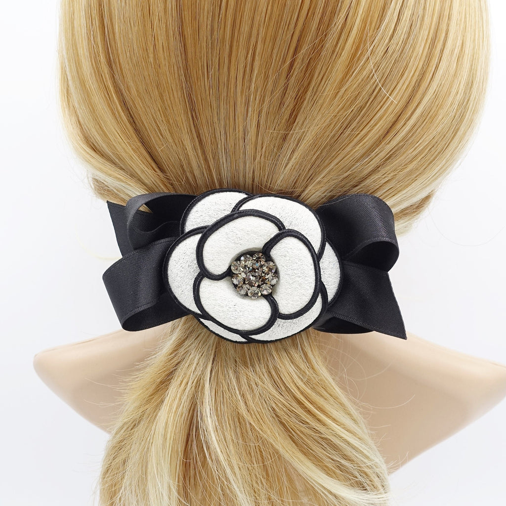 veryshine.com Barrette (Bow) Cream white camellia  hair bow rhinestone embellished flower french barrette