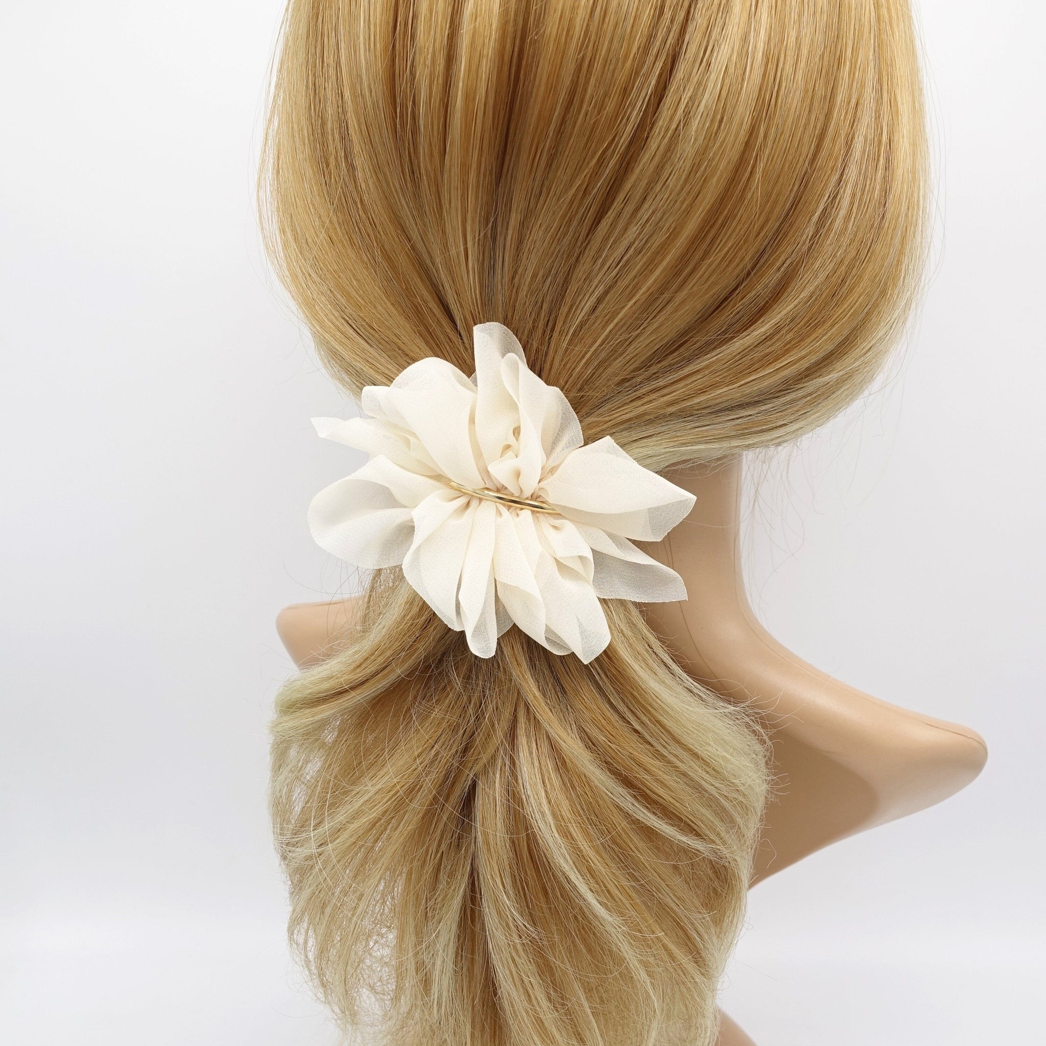 veryshine.com Barrette (Bow) Cream white chiffon flower barrette, ruffle flower barrette, cute hair accessory for women
