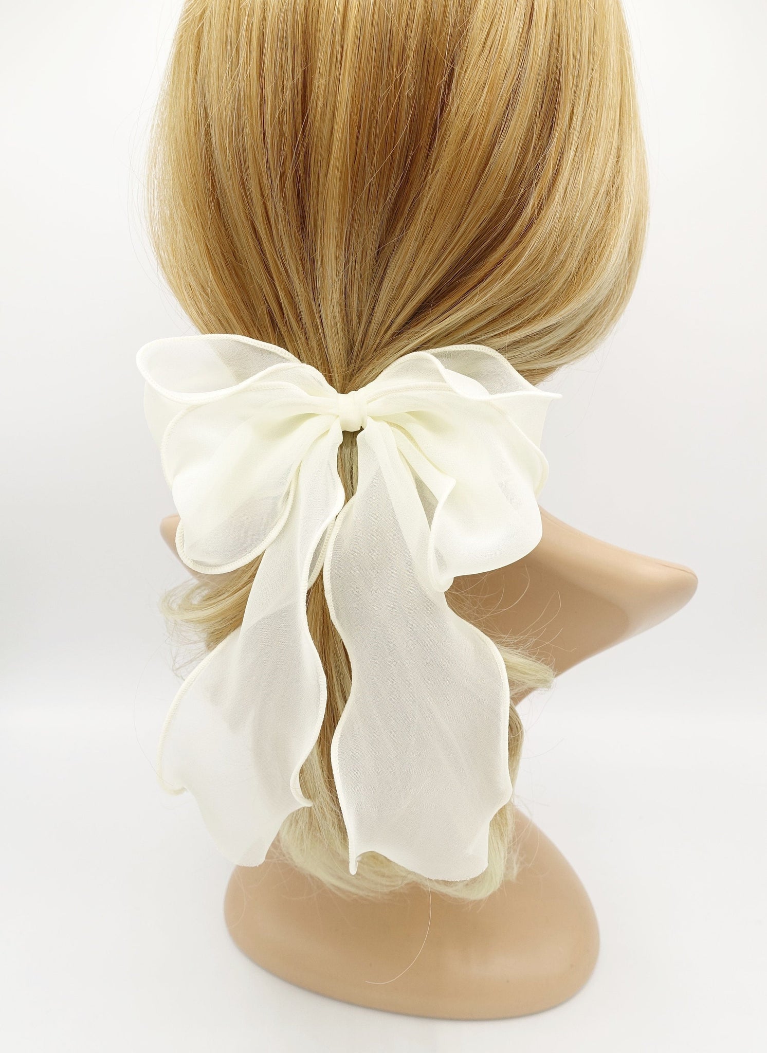 veryshine.com Barrette (Bow) Cream white chiffon lettuce hem layered hair bow for women