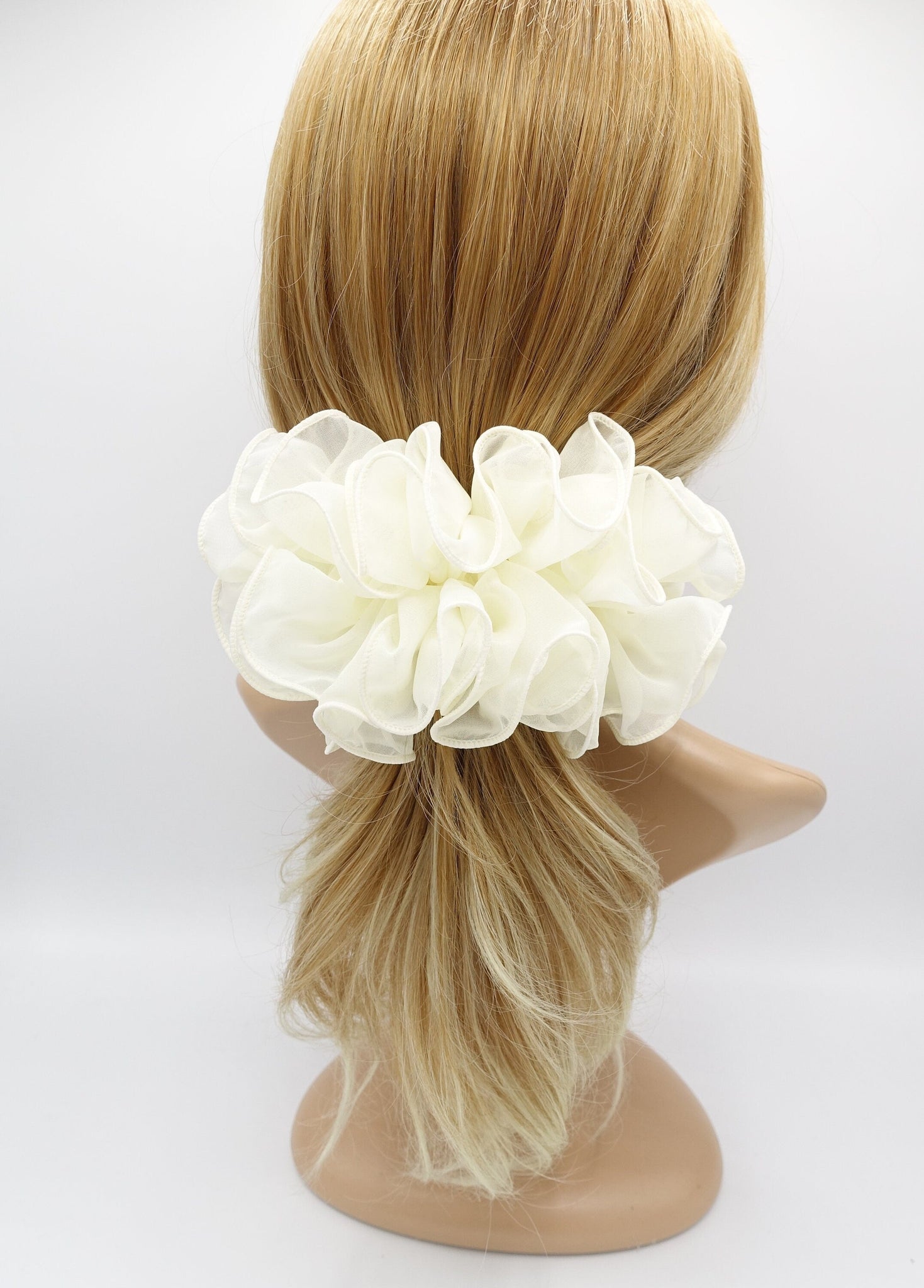 veryshine.com Barrette (Bow) Cream white chiffon ruffle flower hair barrette woman hair accessory
