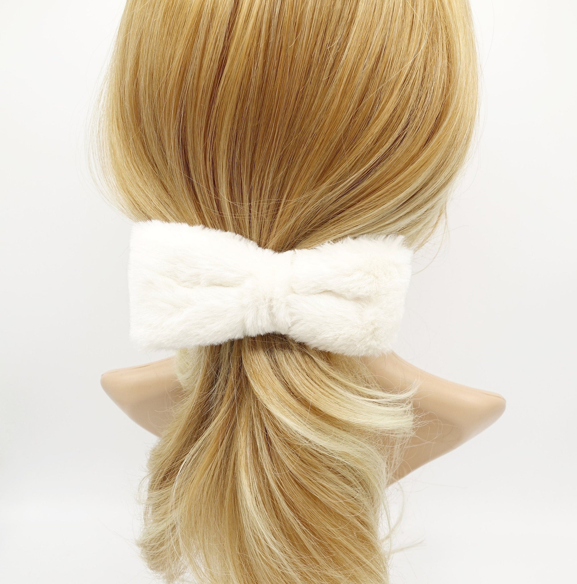 veryshine.com Barrette (Bow) Cream white fabric fur hair bow soft Winter hair accessory for women