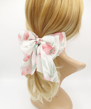 veryshine.com Barrette (Bow) Cream white Floral hair bow Spring floral tulip flower print chiffon hair accessory for women