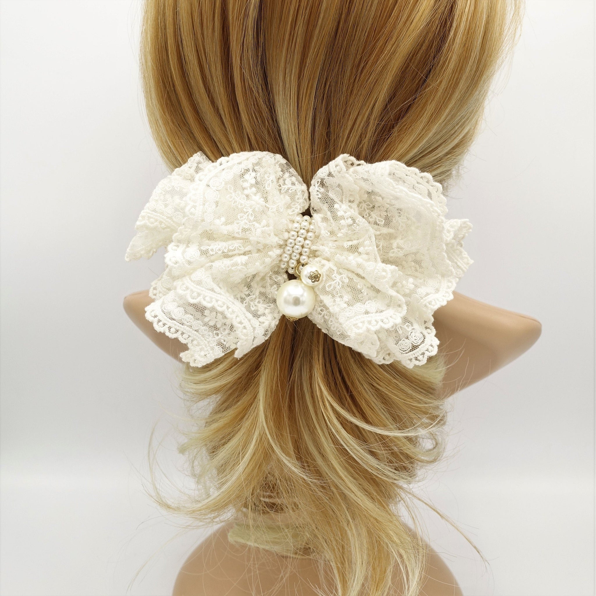 veryshine.com Barrette (Bow) Cream white Floral lace layered bow french hair barrette elegant women hair accessory