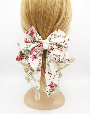 veryshine.com Barrette (Bow) Cream white floral plant bow long tail layered pleat women hair accessory
