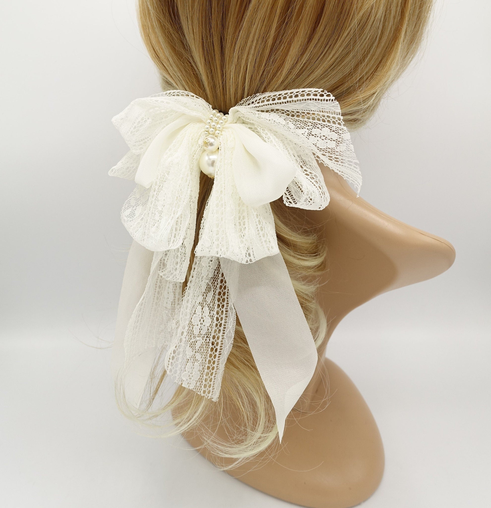 veryshine.com Barrette (Bow) Cream white Lace Chiffon Long Tail Bow Pearl Ornamented Romantic French Hair Barrette