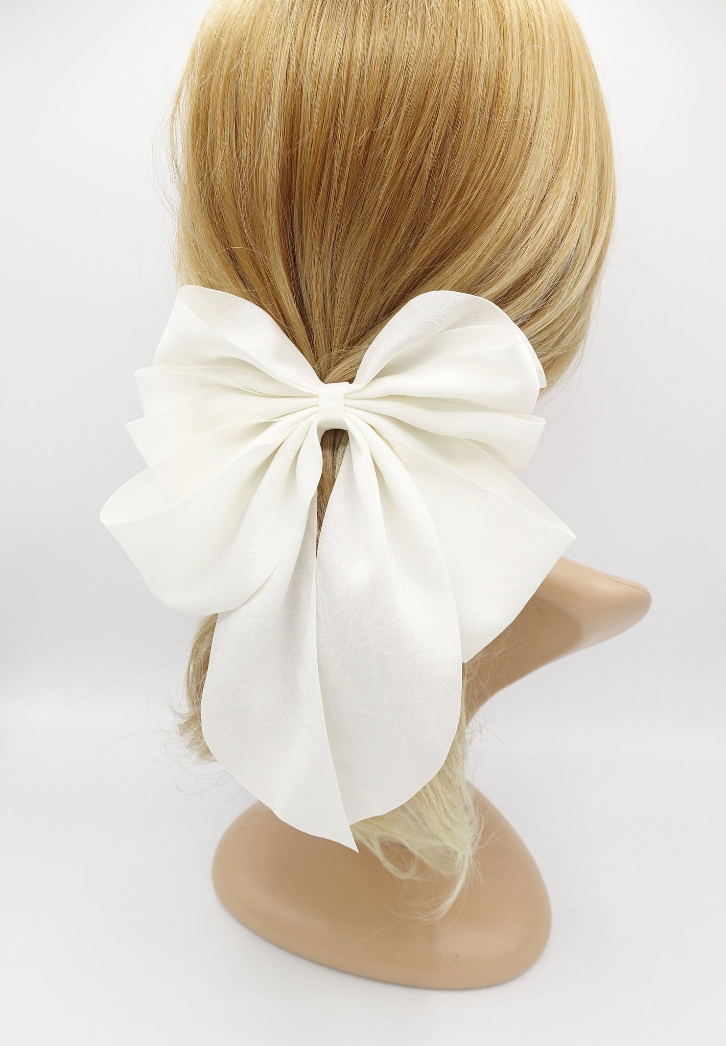 veryshine.com Barrette (Bow) Cream white multiple layered tail hair bow crinkled fabric pleated bow hair accessory for women
