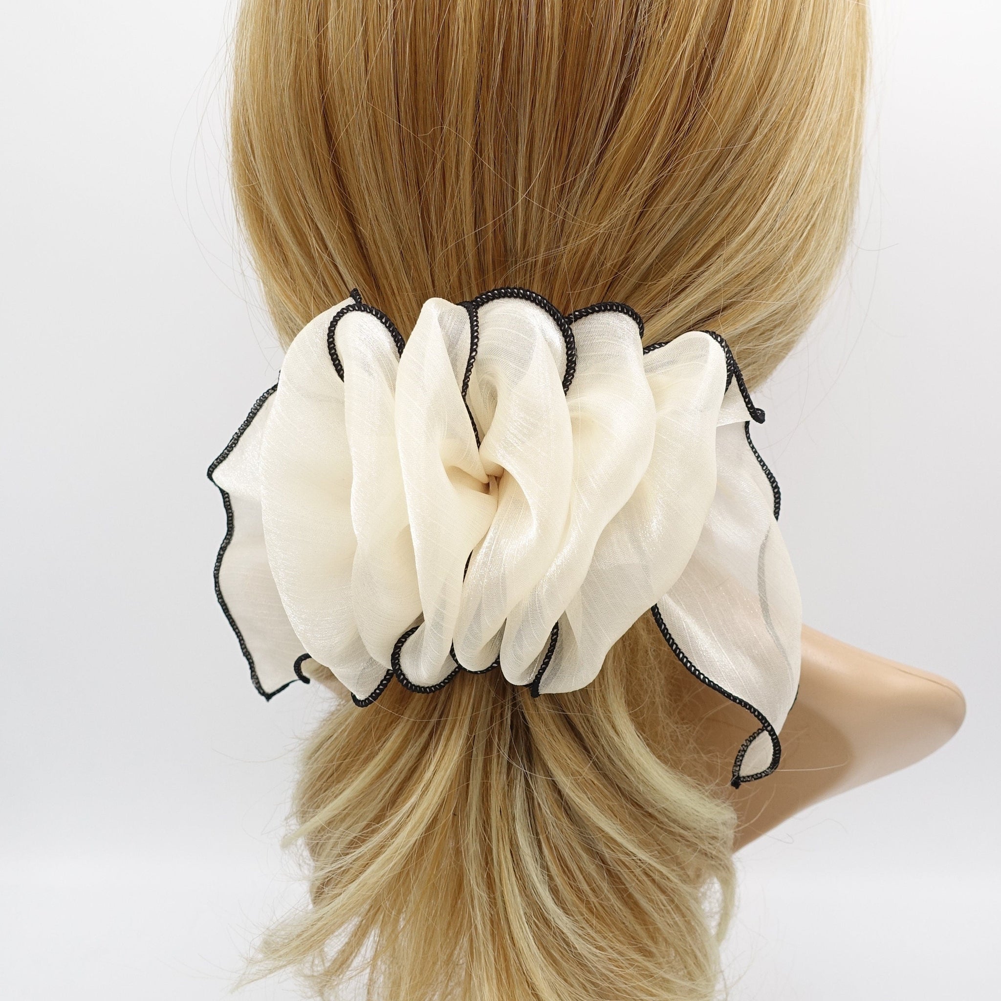 veryshine.com Barrette (Bow) Cream white organza ruffle flower hair barrette woman hair accessory