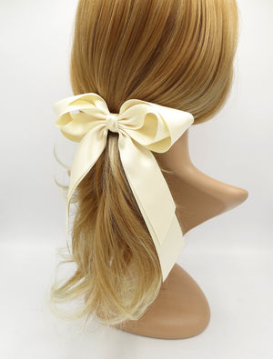 veryshine.com Barrette (Bow) Cream white satin layered double tail hair bow