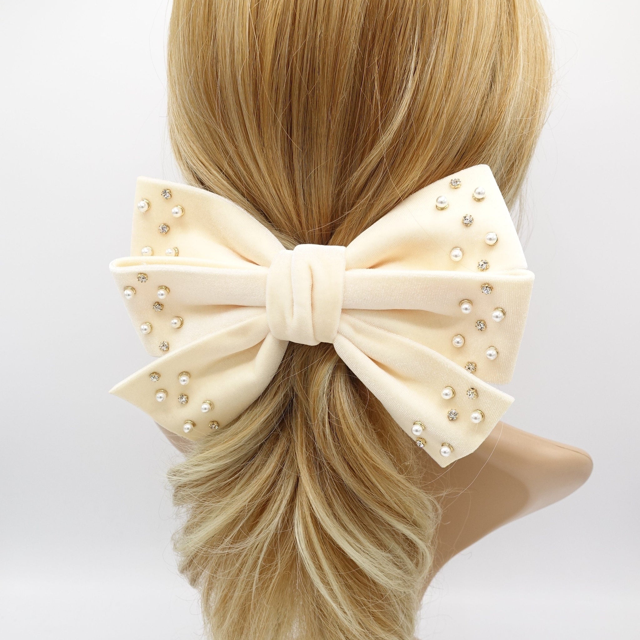 veryshine.com Barrette (Bow) Cream white velvet hair bow, triple rhinestone hair bow, pearl velvet bow, luxury hair bows for women