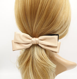 veryshine.com Barrette (Bow) Gold beige satin double layered hair bow  triple wing narrow glossy style hair accessory for women