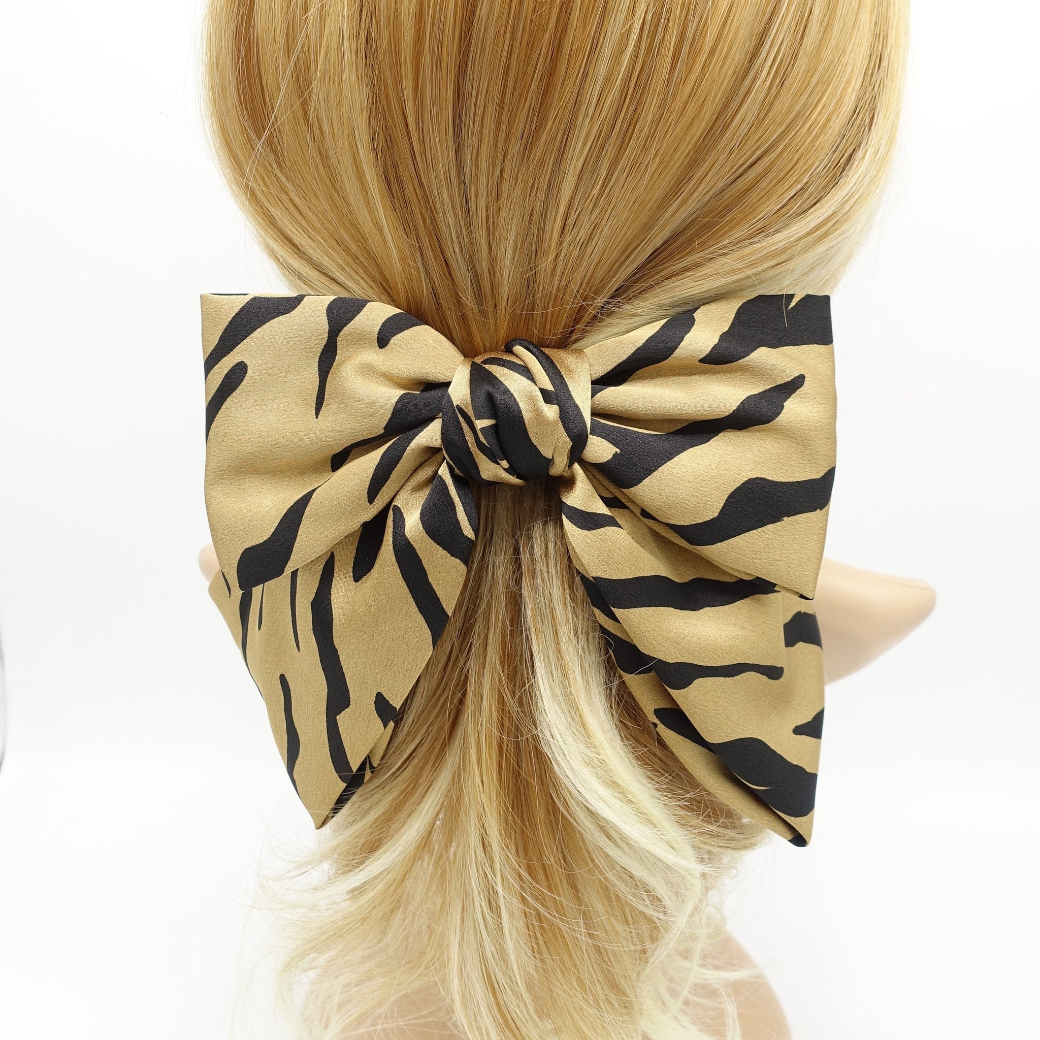 veryshine.com Barrette (Bow) Gold beige satin zebra print layered hair bow for women